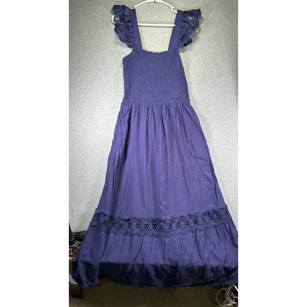 ZESICA Smocked Maxi Dress Womens XL Purple Crochet Lace Ruffle Tiered Boho